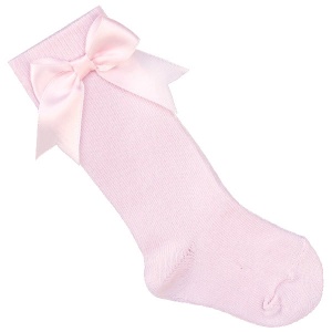 Girls Pink Knee Length Satin Bow Socks